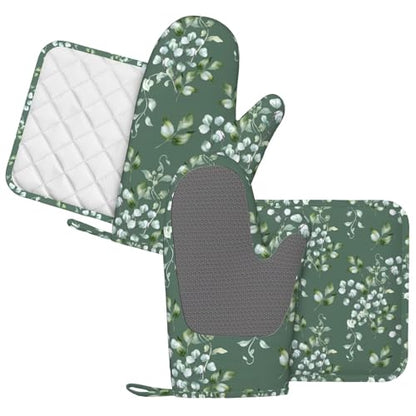 Sage Green Eucalyptus Oven Mitts and Pot Holders Sets for Kitchen Silicone Watercolor Leaves Branches and Holly Leaves Oven Gloves Oven Mitts with 2 Non-Slip Pads Kitchen Gloves for Cooking - color: Sage Green