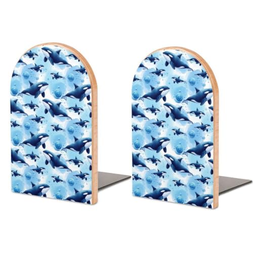 Set of 2 Wood Book Ends Holders Desk Bookends with Metal Base, Ocean Blue | Killer Whale, Non Skid and Sturdy, Decorative Book Stand for Shelves, Office, Library, Small - color: Style(515)