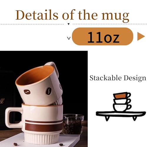 Coffee Mugs Set, Ceramic Espresso Cups, 11 oz, Set of 4, Beige&Brown | for Au Lait, Cappuccino,Latte,Cafe,Mocha,Tea, Geometric Pattern Cups Suit For Housewarming Wedding- - color: Beige