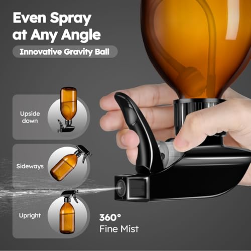 Tecohouse 360° 16 OZ Amber Glass Spray Bottles 2 Pack | 360° All-Angle Spray, Leakproof, Empty Refillable Containers for Cleaning Solutions, Plants, Facial Hydration, Hairs Care, - color: Amber