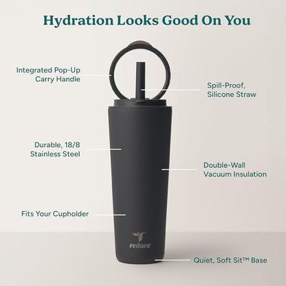 REDUCE Halo 24 oz Stainless Steel Vacuum Insulated Tumbler - Spill Proof Travel Mug with Flip Handle Lid - Keeps Drinks Cold for 32 Hrs - Dishwasher Safe - Cupholder Friendly - Phantom - color: Phantom, size: 24 Ounces