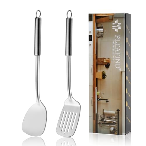 Pleafind 2-Pcs Solid & Slotted Spatula Set, 304 Stainless Steel Spatula, Metal Spatulas, Wok Utensils, Cooking Utensils, Wok Spatulas for Home, Kitchen and Restaurant, Dishwasher Safe - color: 2P-Argent