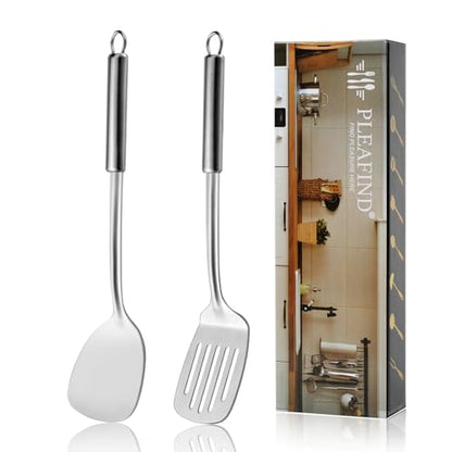 Pleafind 2-Pcs Solid & Slotted Spatula Set, 304 Stainless Steel Spatula, Metal Spatulas, Wok Utensils, Cooking Utensils, Wok Spatulas for Home, Kitchen and Restaurant, Dishwasher Safe - color: 2P-Argent
