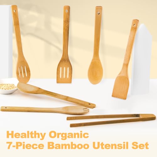 Eisinly Wooden Spoons for Cooking 7-Piece, Kitchen Nonstick Bamboo Cooking Utensils Set, Carbonized Bamboo Durability Spatula Spoon for Everyday Use - color: Carbonized Bamboo, style: Square-edge