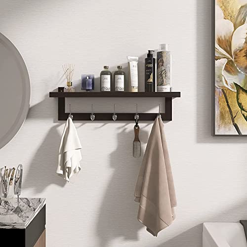 SMIBUY Coat Hooks with Shelf Wall-Mounted, 29.2 Inch Entryway Coat Rack for Wall, Bamboo Hanging Shelf with 5 Double Metal Hooks for Bathroom, Bedroom, Kitchen, Living Room, Mudroom (Dark Brown) - color: Dark Brown