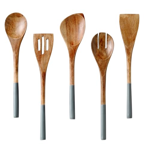 Folkulture Premium Wooden Spoons for Cooking,Kitchen Utensils Set of 5(12") | Premium Acacia Wooden Utensil, Smooth Finish, Non Stick Wooden Cooking Utensils, Kitchen Essentials, Cooking Gifts - color: Gray