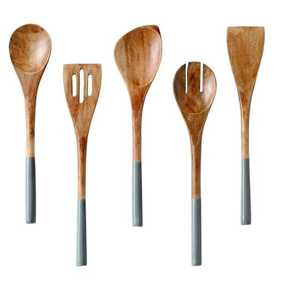 Folkulture Premium Wooden Spoons for Cooking,Kitchen Utensils Set of 5(12") | Premium Acacia Wooden Utensil, Smooth Finish, Non Stick Wooden Cooking Utensils, Kitchen Essentials, Cooking Gifts - color: Gray