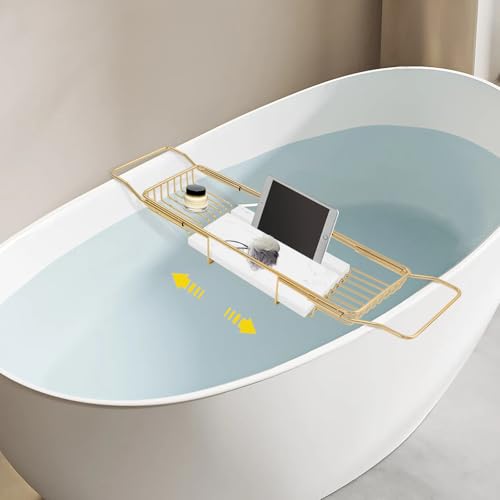Expandable Bathtub Tray Caddy for Luxury Bath, Extra Wide Acrylic Tub Tray with Natural Marble Board, Waterproof Bath Tub Shelf for Phone, Wine, Book, Tablet Stand - Ideal Home Spa (Gold, White) - color: Gold, White