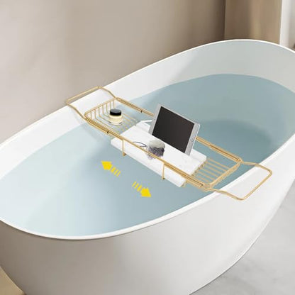 Expandable Bathtub Tray Caddy for Luxury Bath, Extra Wide Acrylic Tub Tray with Natural Marble Board, Waterproof Bath Tub Shelf for Phone, Wine, Book, Tablet Stand - Ideal Home Spa (Gold, White) - color: Gold, White
