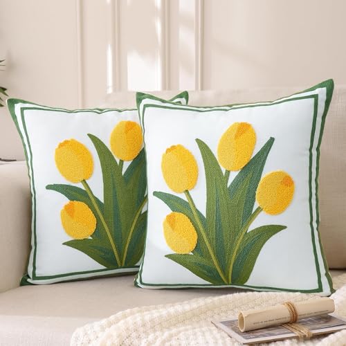 LUOYEHK Embroidered Throw Pillow Cover 18x18 Inch Set of 2 Farmhouse Floral Square Pillowcase Spring Canvas Cushion Covers for Living Room Sofa Bed (Yellow Tulip) - color: Yellow Tulip