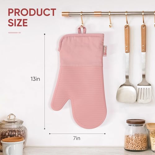 YUTAT Silicone Oven Mitts,High Heat Resistant Up to 500 Degrees,Waterproof Cooking Gloves with Soft Polyester Filling,Kitchen Potholder Set - Perfect for BBQ,Baking and Cooking,Pink,2 Pcs Set - color: Pink-striped Surface, size: 13“L x 7"W-2 Piece