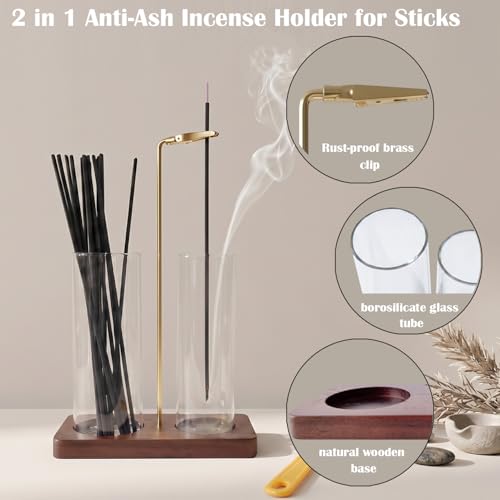 2 in 1 Anti-Ash Incense Holder for Sticks, Upside Down Hanging Incense Burner with Removable Glass Ash Catcher and Wooden Base, Modern Vertical Zen Decor for Home Office Yoga Meditation Room