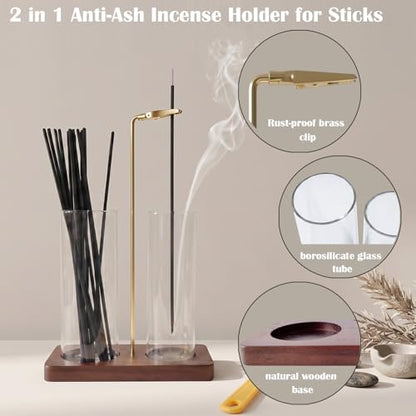 2 in 1 Anti-Ash Incense Holder for Sticks, Upside Down Hanging Incense Burner with Removable Glass Ash Catcher and Wooden Base, Modern Vertical Zen Decor for Home Office Yoga Meditation Room