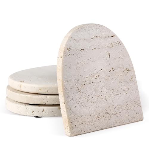 Travertine Coaster Set of 4, Natural Marble Coasters for Drinks, 4" Stone Coasters Modern Arch Shape Heat Resistant, Decorative Marble Coaster for Table Home Decor(Beige) - color: Travertine