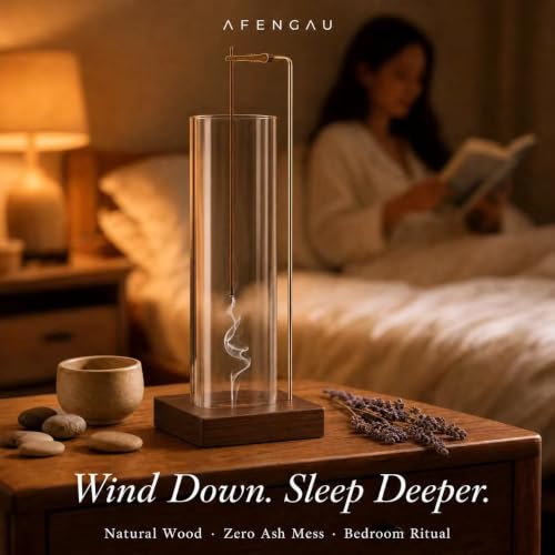 Wooden Aromatherapy Incense Holder – Upside Down Hanging Rack with 1L Ash Catcher for Home Office or Yoga Space Décor & Meditation (Glass Height 17cm)