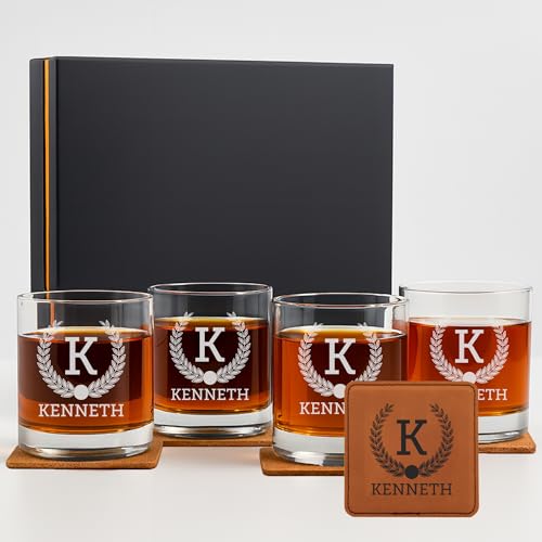 Personalized Whiskey Glasses Set in Wooden Gift Box - Includes 4 Scotch Glasses, 4 Natural Slate Coasters, 8 Chilling Stones & Tongs - Great Mens Home Bar Gift for Him, Husband, Dad