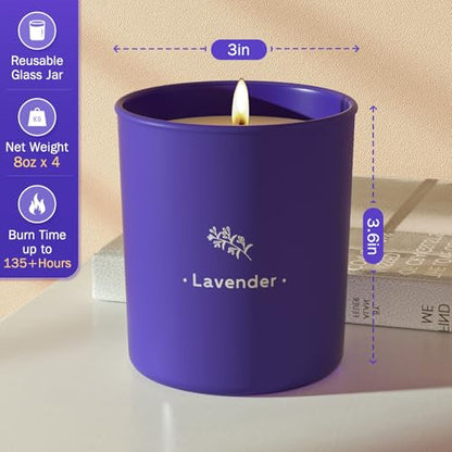 Lavender Scented Candle, 8 oz Soy Wax Jar Candle for Women, 45 Hour Burn | Long Lasting Candle for Home Scented, Purple Glass Jar Gift for Girl, Chrismas Mother's Day Valentine's Day Birthday, 4 Pack