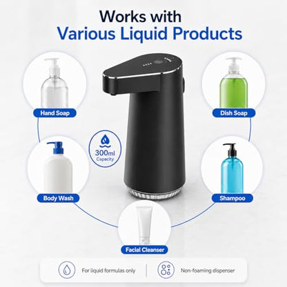 Automatic-Soap-Dispenser, 300ml Touchless Soap Dispenser with USB-C Rechargeable 1200mAh Battery, 4 Adjustable Levels, IPX5 Waterproof Liquid Soap Dispenser for Bathroom Kitchen Office, Black