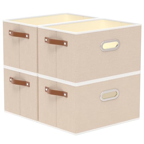 Yawinhe Foldable Storage Baskets for Shelves,16.9x11.8x10.2in,Beige,4-Pack | Collapsible Storage Bins for Towels, Container with Leather Handle for Organization, Fabric Rectangle Boxes for Home - color: Beige, size: 16.9x11.8x10.2inch(4-Pack)