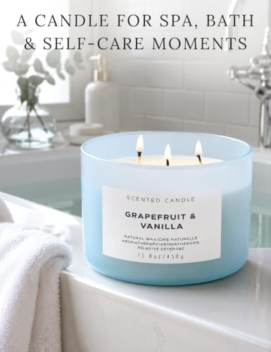 Grapefruit Vanilla 3-Wick Soy Candle, 15.8 Oz Large Scented Candle for Home | Bright Creamy Citrus With Bergamot & Berries, Aromatherapy, Room-Filling Scent, Clean Burn, 15.8 Oz, Blue Jar, Gift Ready