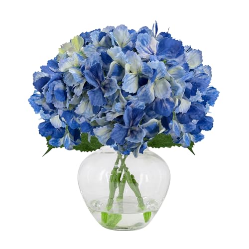 Blue Silk Hydrangea Artificial Flowers Fringed Edge Fake Flowers with Glass Vase, Centerpiece for Home Decor Bathroom Table Centerpiece Shelf Decorations - color: Blue