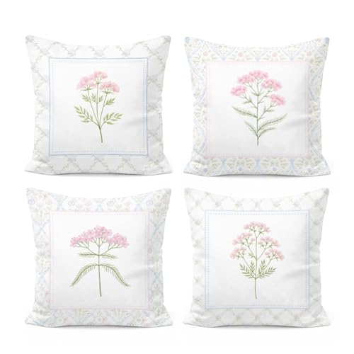 Grandmillennial Pink and Green Floral Pillow Covers 18x18, Pastel Pink and Blue Botanical Wildflower Decorative Throw Pillow Covers for Nursery Girls Room Bedroom Home Sofa Couch, Set of 4 - color: White-pastel Wildflower Set