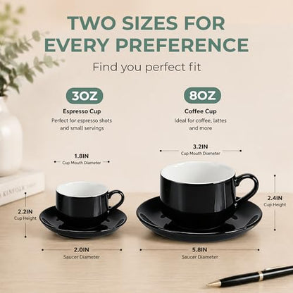 3 Ounce Espresso Cups Set of 4, Black | Stackable Demitasse Mugs, Includes Display Stand, Cups Saucers, and Spoons, for Machines & Home Use - color: Black