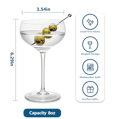 Coupe Glasses Set of 8, 8OZ Hand Blown Crystal Cocktail Martini Glasses for Espresso Martini,Manhattan,Champagne,Suitable for Bar Glassware,Party or Gift