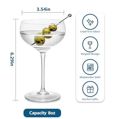 Coupe Glasses Set of 8, 8OZ Hand Blown Crystal Cocktail Martini Glasses for Espresso Martini,Manhattan,Champagne,Suitable for Bar Glassware,Party or Gift