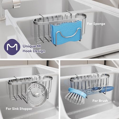 SWTYMIKI Sponge Holder for Kitchen Sink - Movable Kitchen Sink Caddy with M Shape Hook Stainless Steel Hanging Sponges Caddy Organizer in Double Bowl Sinks Depth>3.15in, Middle divider<1.5in, Silver L - color: Silver-large