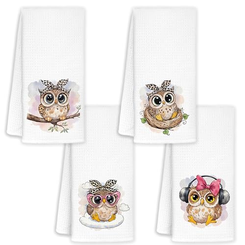 JINYO Coquette Leopard Bow Owl Kitchen Towels Set of 4, Gifts for Owl Lovers Women Hand Towels for Bathroom Kitchen Decor, Cute Wild Animal Owls Decorative Dish Tea Towels, 16x24 Inch - color: Owl Towels Set of 4