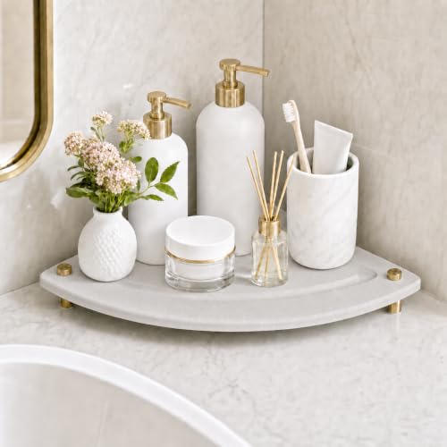 Corner Counter Shelf, Water Absorbing Stone Drying Tray Mat for Kitchen & Bathroom Sink, Diatomaceous Gold Faucet Coaster Soap Dish Rack Riser Dispenser Sponge Holder, Beige, 8.5" x 8.5" - color: Beige - Gold, size: 8.5" x 8.5" x 1"