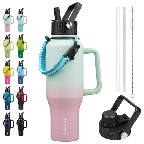 BJPKPK 35oz Insulated Water Bottle with Handle & Straw Lid, Stainless Steel | Vacuum Insulated with Straw Lid & Spout Lid, Paracord Strap, Keep Cold & Hot, Leak-Proof, BPA-Free, for Gym, Hiking, Travel - color: Marshmallow, style: 35oz-Side Handle