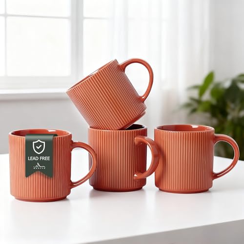 MONITO 16Oz Coffee Mugs Set of 4,Rustic Ceramic Coffee Cups Set with Handle | Vintage Striped Stoneware Large Coffee Mugs for Latte, Cocoa, Tea, Milk, Microwave & Dishwasher Safe,Brick Red - color: BRICK RED, size: 4PCS