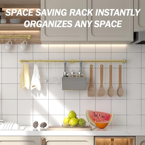 ROTHLEY Stainless Steel Pot and Pan Hanger - 39.4 Inch Wall Mounted Hanging Pots and Pans Rack for Kitchen Wall Rail with Hooks (Brass) - color: Brass, size: 39.4 inch