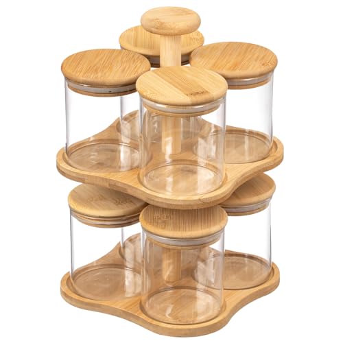 Minimalist Two-Tier Bamboo Lazy Susan Turntable with 8 Pcs 12 oz Airtight Lid Glass Jars, Versatile Spice Rack Organizer, Perfect for Kitchen Countertops, Dining Tables, and Pantry Cabinets