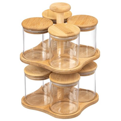Minimalist Two-Tier Bamboo Lazy Susan Turntable with 8 Pcs 12 oz Airtight Lid Glass Jars, Versatile Spice Rack Organizer, Perfect for Kitchen Countertops, Dining Tables, and Pantry Cabinets