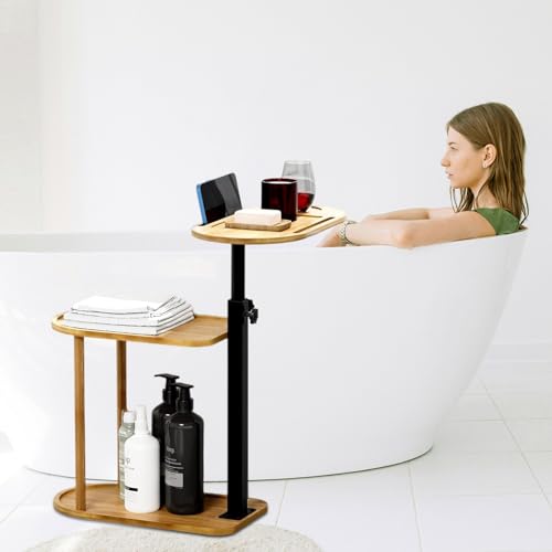 3 Layer Bathtub Tray Table,Bamboo Swivel Bathtub Side Table Height Adjustable,Freestanding Bathtub Tray for Tub Against Wall,Bathtub Accessories&Bathroom Organizer for Luxury Home Spa (Natural) - color: Natural