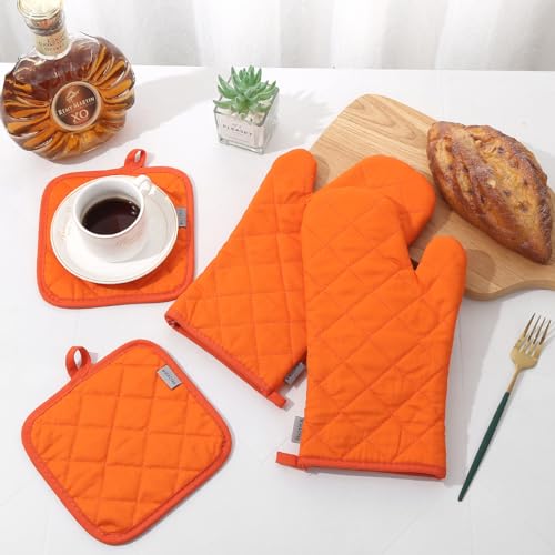 Oven Mitts and Pot Holders 4 pcs Set,High Heat Resistant 500 Degree Extra Thicken Long Kitchen Cotton Oven Glove for Cooking (12 Inch,Orange)… - color: Cotton-orange