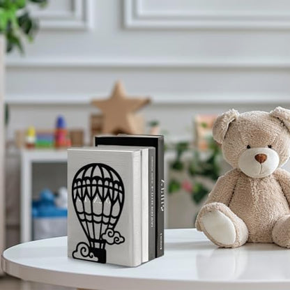 5.3"x4.3"x7.9" Metal Bookends, Heavy Duty Book Ends for Shelves | Hot Air Balloons Theme Cast Iron Book Supports, 1 Pair Decor Stoppers for Desk, Library, Office & Home Shelves - style: Hot Air Balloons