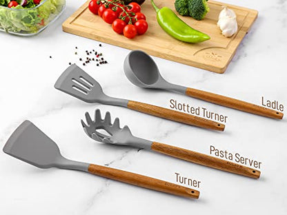 Zulay Kitchen 8 Piece Silicone Utensil Set | Non-Stick Silicone Cooking Utensils Set with Acacia Wood Handles - 464°F Heat Resistance Kitchen Utensils Set - Gray - color: Elegant Grey, size: 8-Piece Set