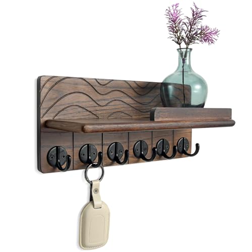 Key Holder Wall Decor-11.8" Solid Ash Wood Entryway Organizer with 6 Hooks & Extra Deep Storage Rack for Key, Mail, Wallet, Leash, Glasses, Hand-Polished & Stained, Easy-Assembly - color: Walnut
