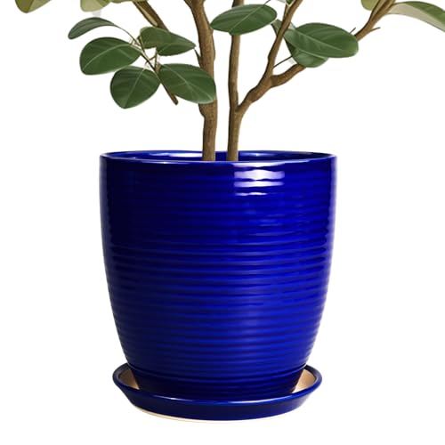 Ceramic Planter Pot - 10 Inch Plant Pot Indoor with Drainage Hole and Saucer Round Planter Large Modern Decorative Flower Pot Outdoor Garden Pot Blue - color: Glossy Blue, size: 10 Inch