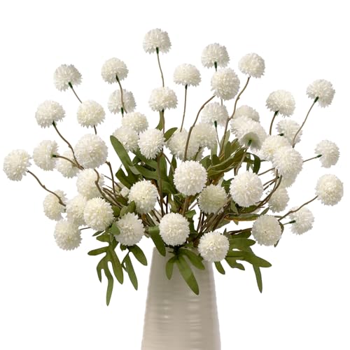 Artificial Flowers Fake Silk Pompon Mum, Small Mini Chrysanthemum Ball with Stems, Fall Floral Faux Kiku Flower for Vase DIY Wedding Bouquets Centerpieces Home Table Decorations(10pcs,White) - color: White