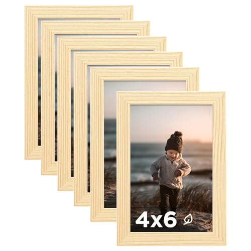 4x6 Picture Frame Wood Grain Set of 6 Wooden Photo Frames | 4 x 6 Picture Frame with Plexiglass Fits 4x6 without Mat for Table and Wall Display - color: Wood Grain, size: 4x6