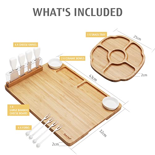 hecef Large Charcuterie Board Set of 13, A Bamboo Cheese Board and Snack Tray, 2 Ceramic Bowls, 4 Server Forks, 4 Knives Set, Appetizer Platter for Birthdays, Weddings, Housewarming, Feast - style: with Snack Tray