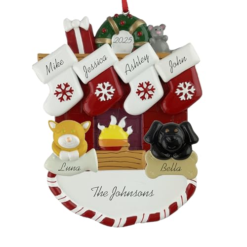 Customized and Personalized Christmas Ornament - Family of 2-6 with Two Pets - Select 2 of The 25 Different Dogs and Cats to Design Your Own Made to Order Gift (Family of 4) - size: Family of 4 with 2 Pets