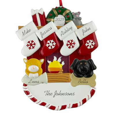 Customized and Personalized Christmas Ornament - Family of 2-6 with Two Pets - Select 2 of The 25 Different Dogs and Cats to Design Your Own Made to Order Gift (Family of 4) - size: Family of 4 with 2 Pets