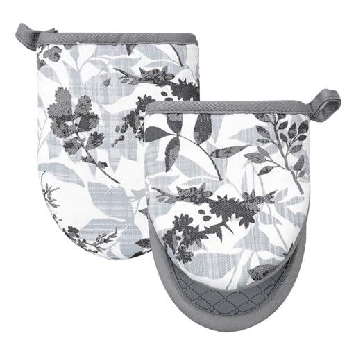 Mini Silicone Oven Mitts, Heat Resistant Kitchen Mittens 2-Pack Set | Non-Slip Khaki Patchwork Flower Soft Short Oven Gloves, Flexible Thick Pot Holders for Safe Cooking Baking & Grill(Grayish) - color: Grayish, size: Mini Oven Mitts