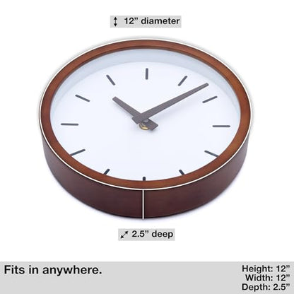 Driini Modern Mid Century Wood Analog Wall Clock (12") - Battery Operated with Silent Sweep Movement - Small Decorative Wooden Clocks for Bedrooms, Bathroom, Kitchen, Living Room, or Office - size: 12"